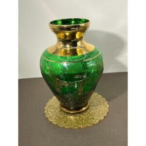 Venetian Style Murano Hand Blown Glass Vase Gold & Green